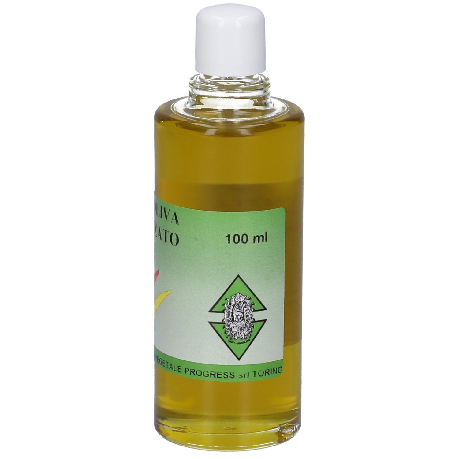 Bottiglia Olio Oliva Ozonizzato con indicazione 100 ml sull'etichetta. Etichetta verde con ramo d'ulivo.