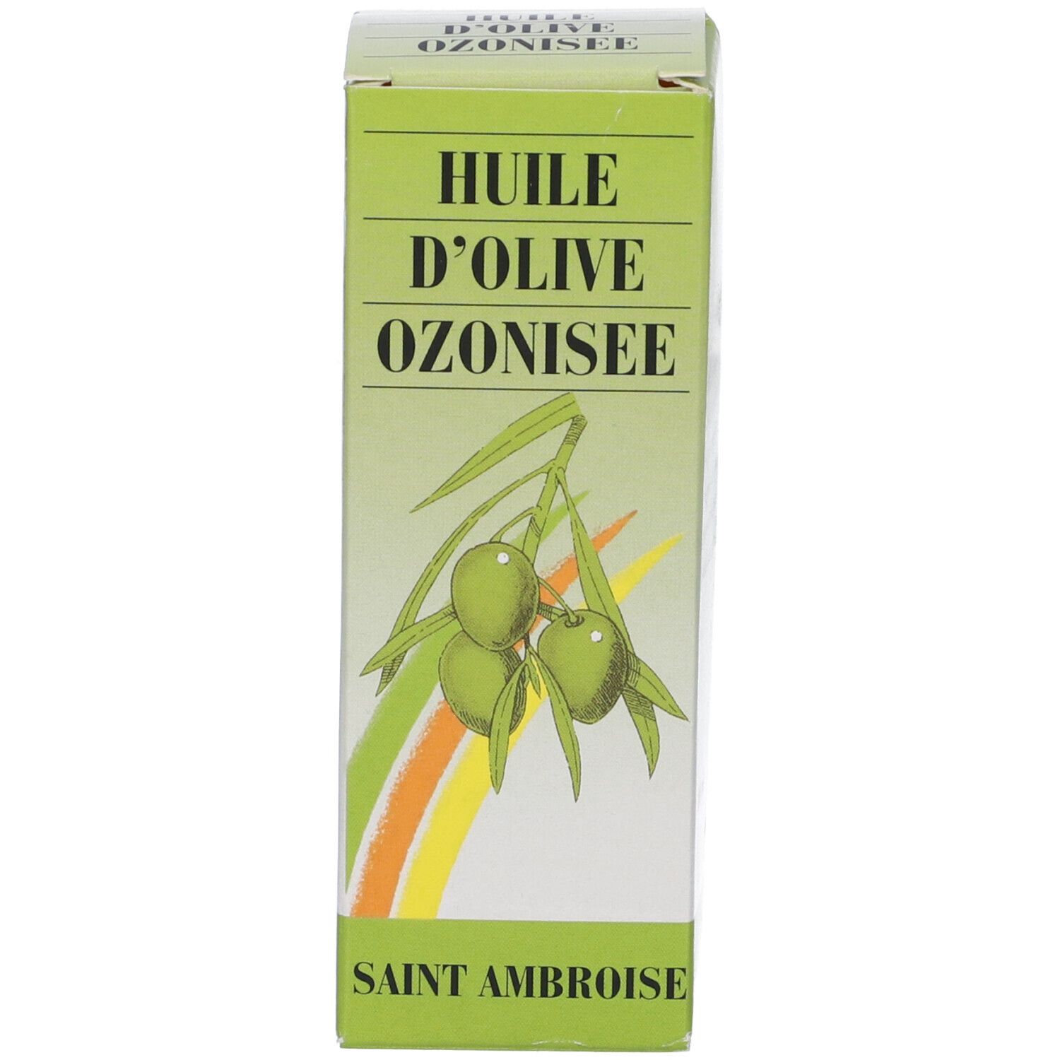 Confezione prodotto verde per Olio Oliva Ozonizzato. Titolo francese 'Huile d'Olive Ozonisée'.