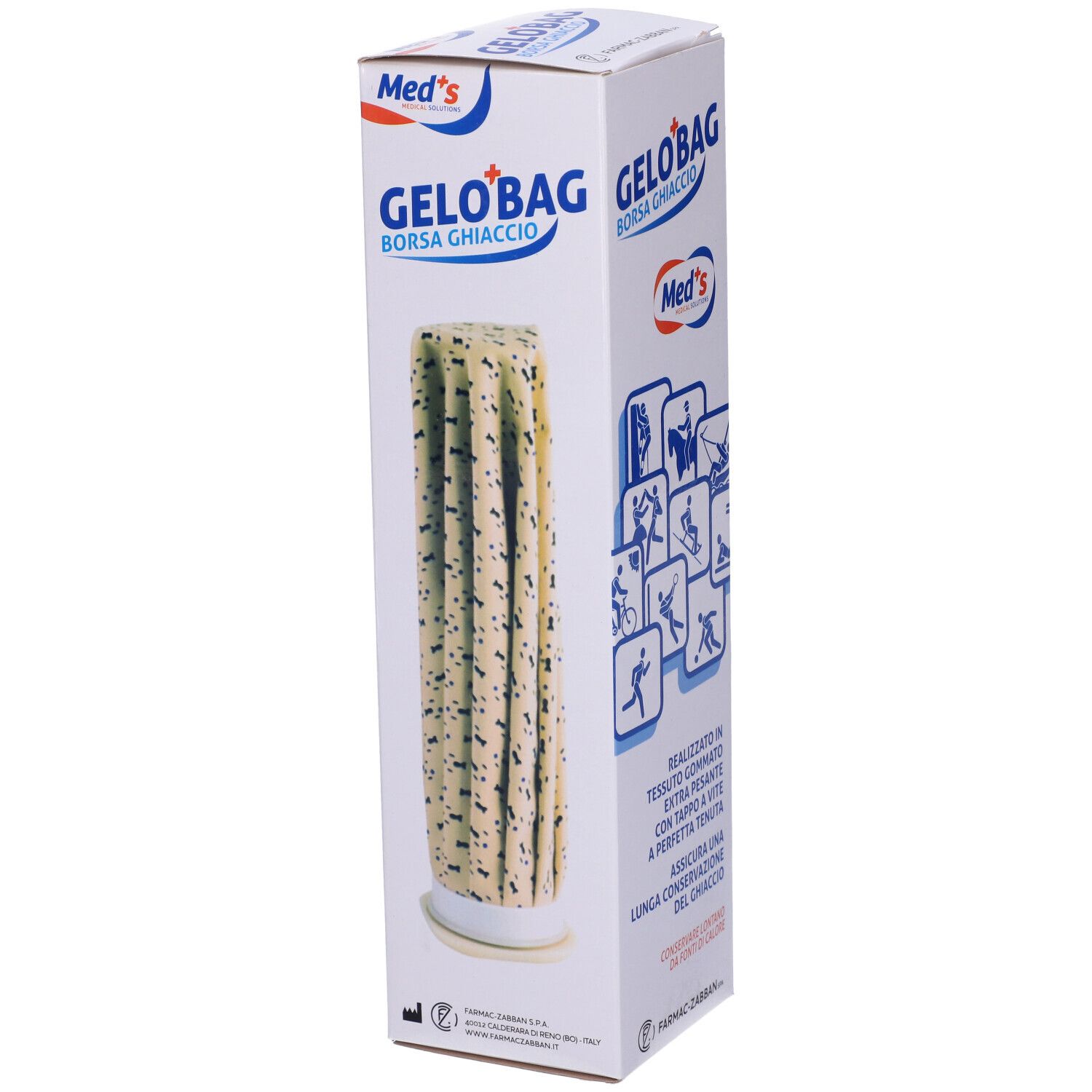 Gelobag Borsa Ghiaccio nella sua confezione. Scatola bianca con nome e logo. Borsa del ghiaccio visibile.