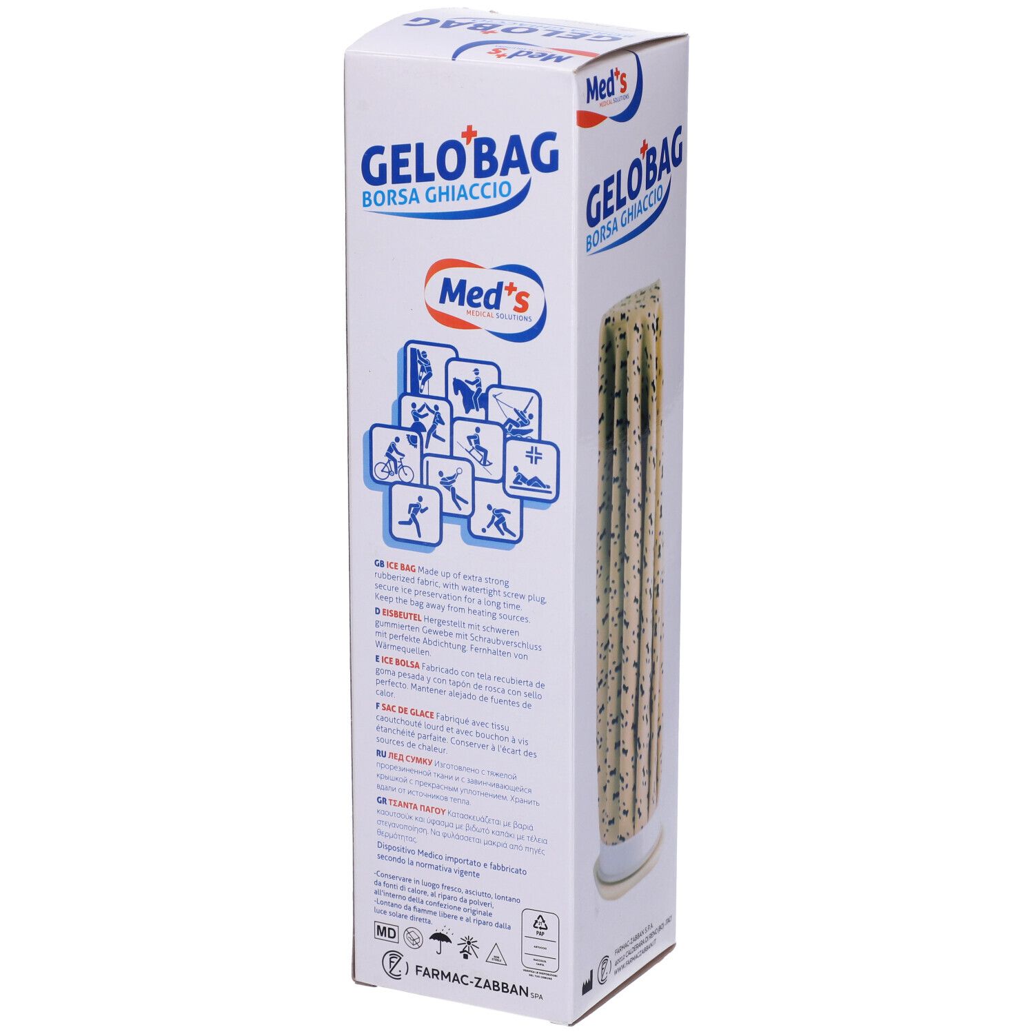 Gelobag Borsa Ghiaccio nella sua confezione. Scatola bianca con nome e logo. Testo e pittogrammi.