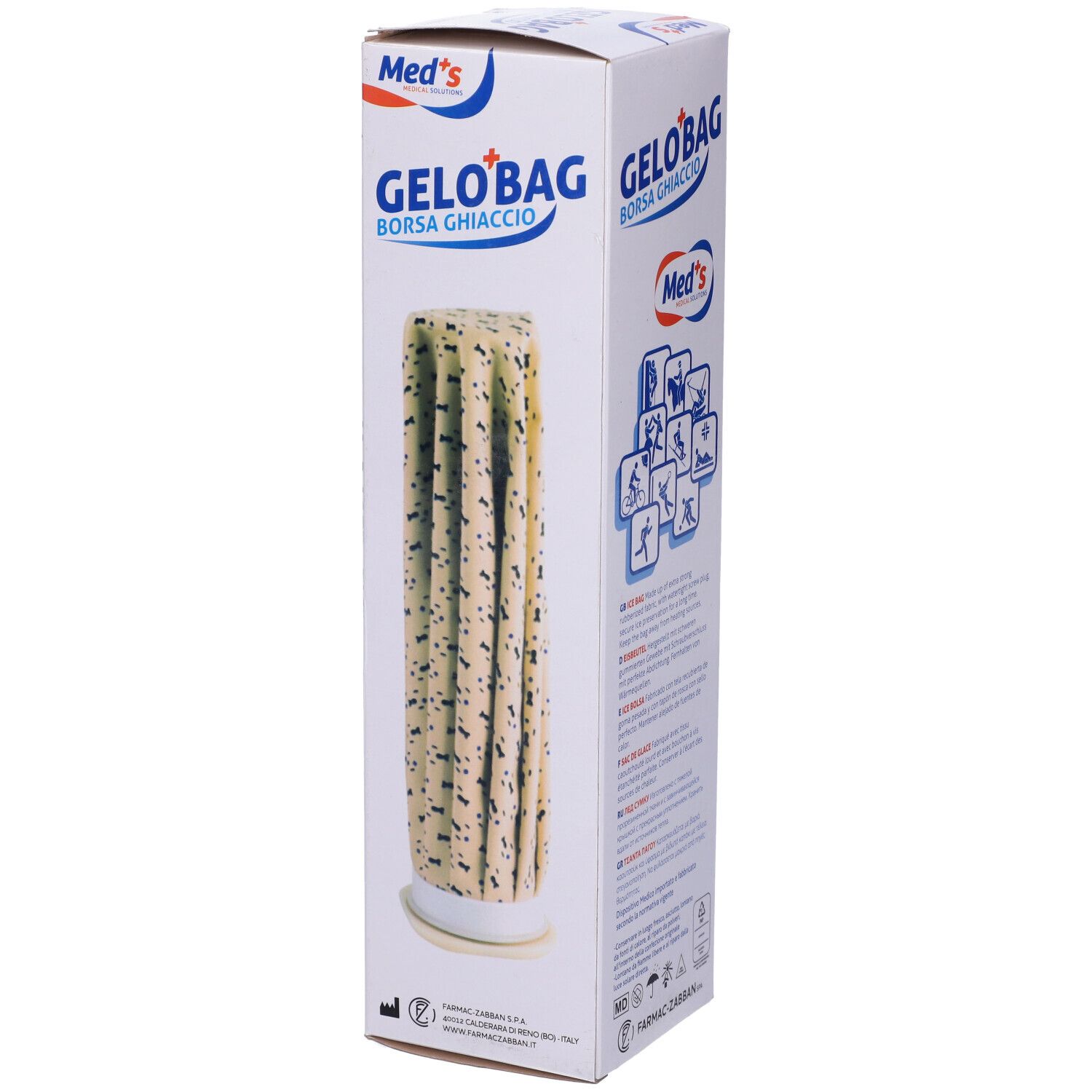 Gelobag Borsa Ghiaccio nella sua confezione. Scatola bianca con nome e logo. Borsa del ghiaccio visibile.