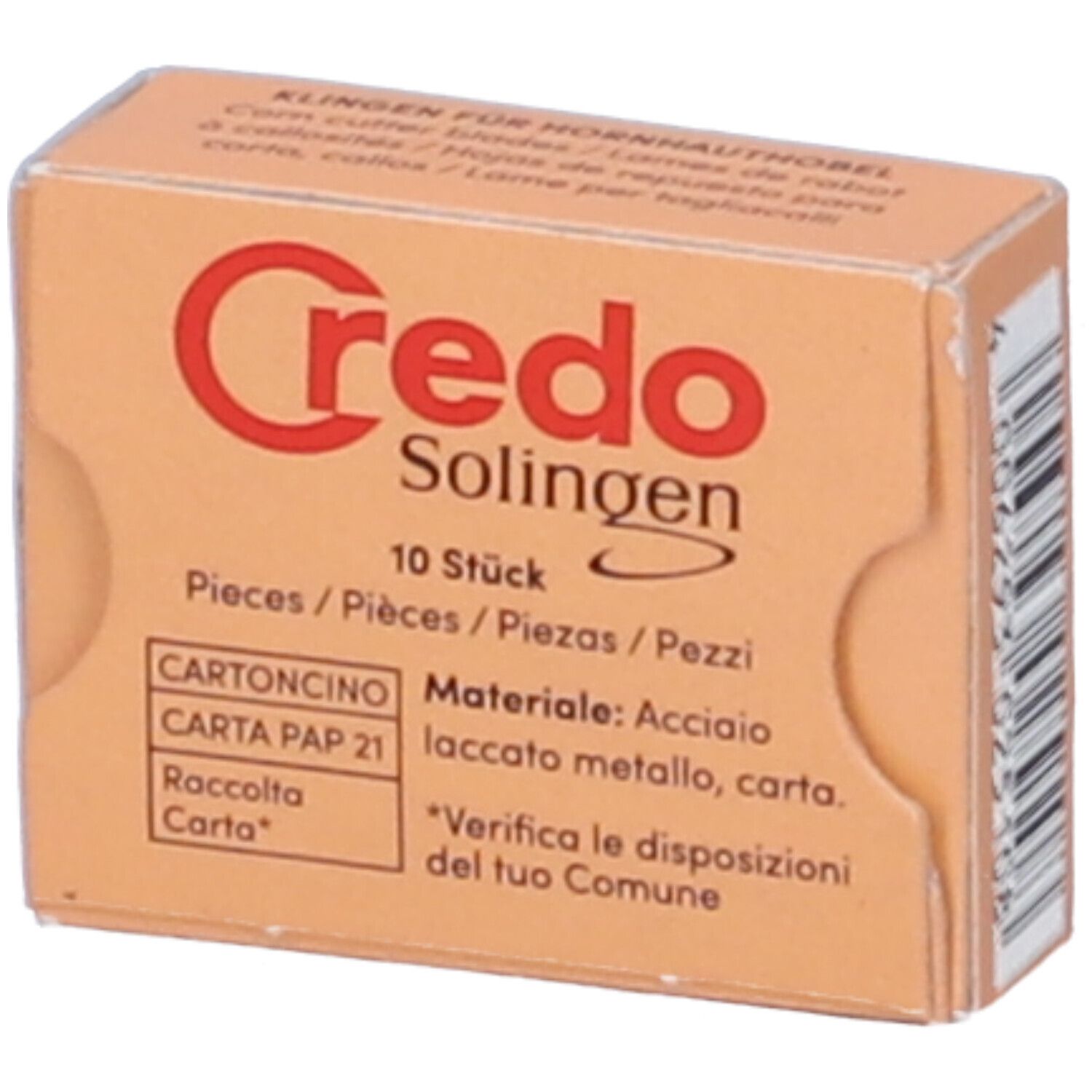 Scatola di cartone beige con logo Credo rosso. Contiene 10 pezzi. Testo multilingue. Materiale: acciaio, metallo, carta. Istruzioni per il riciclo.