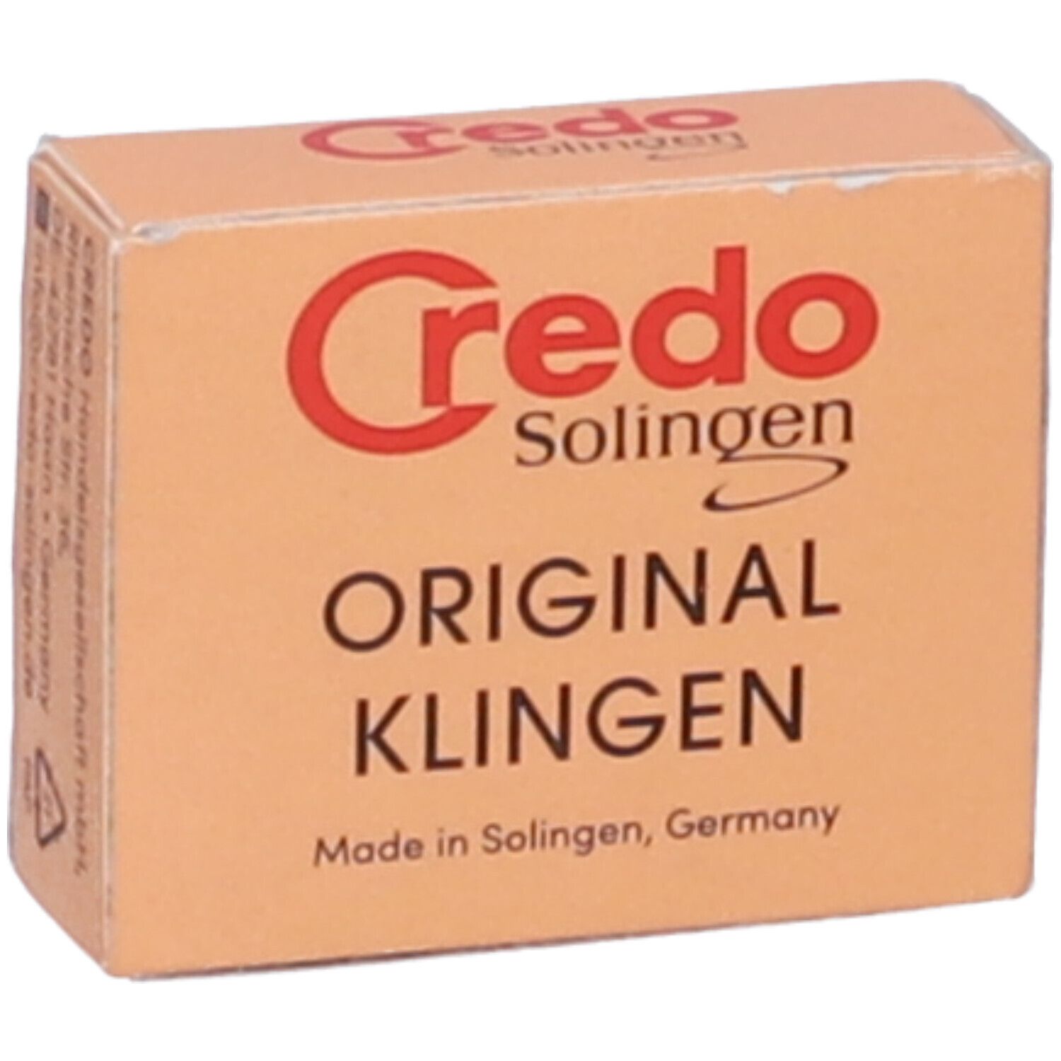 Scatola di cartone beige con logo Credo rosso e scritta "ORIGINAL KLINGEN". Prodotto a Solingen, Germania.