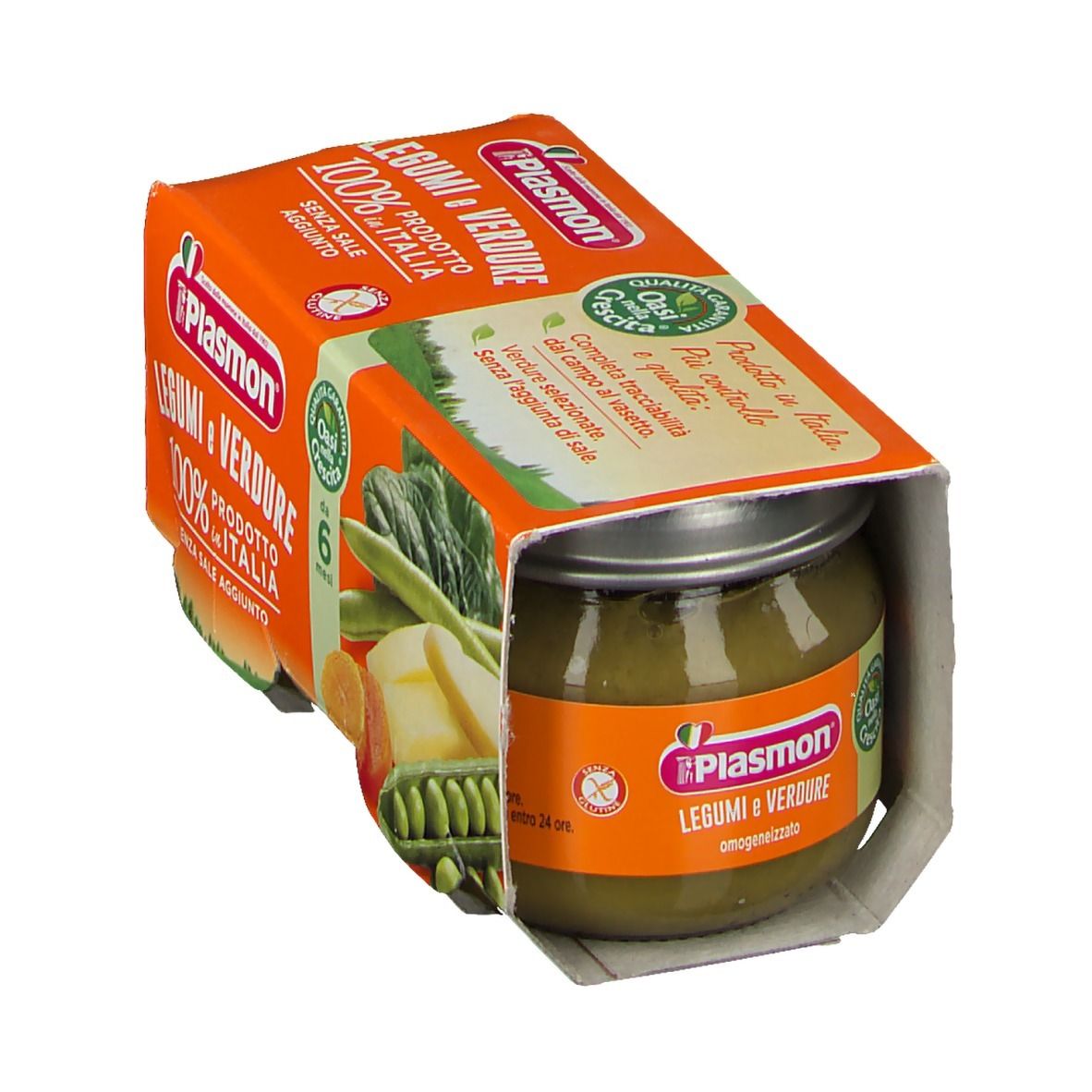 Un vasetto Plasmon Legumi e Verdure in confezione arancione aperta. Informazioni sul prodotto sono visibili.