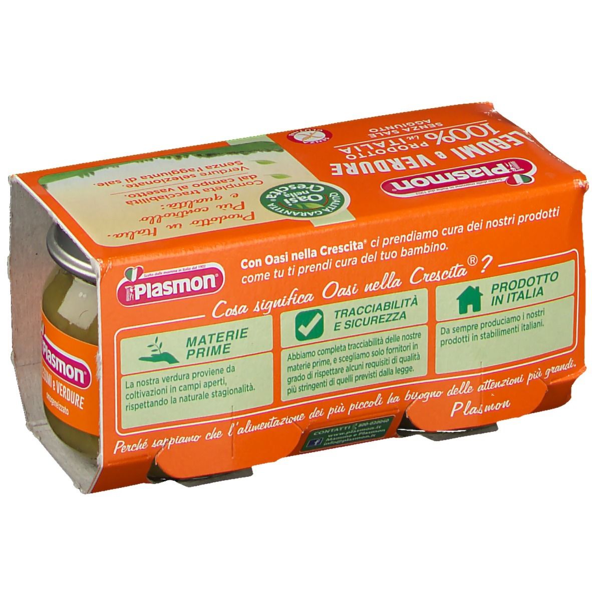 Retro della confezione con un vasetto Plasmon Legumi e Verdure. Testo e loghi sono visibili.