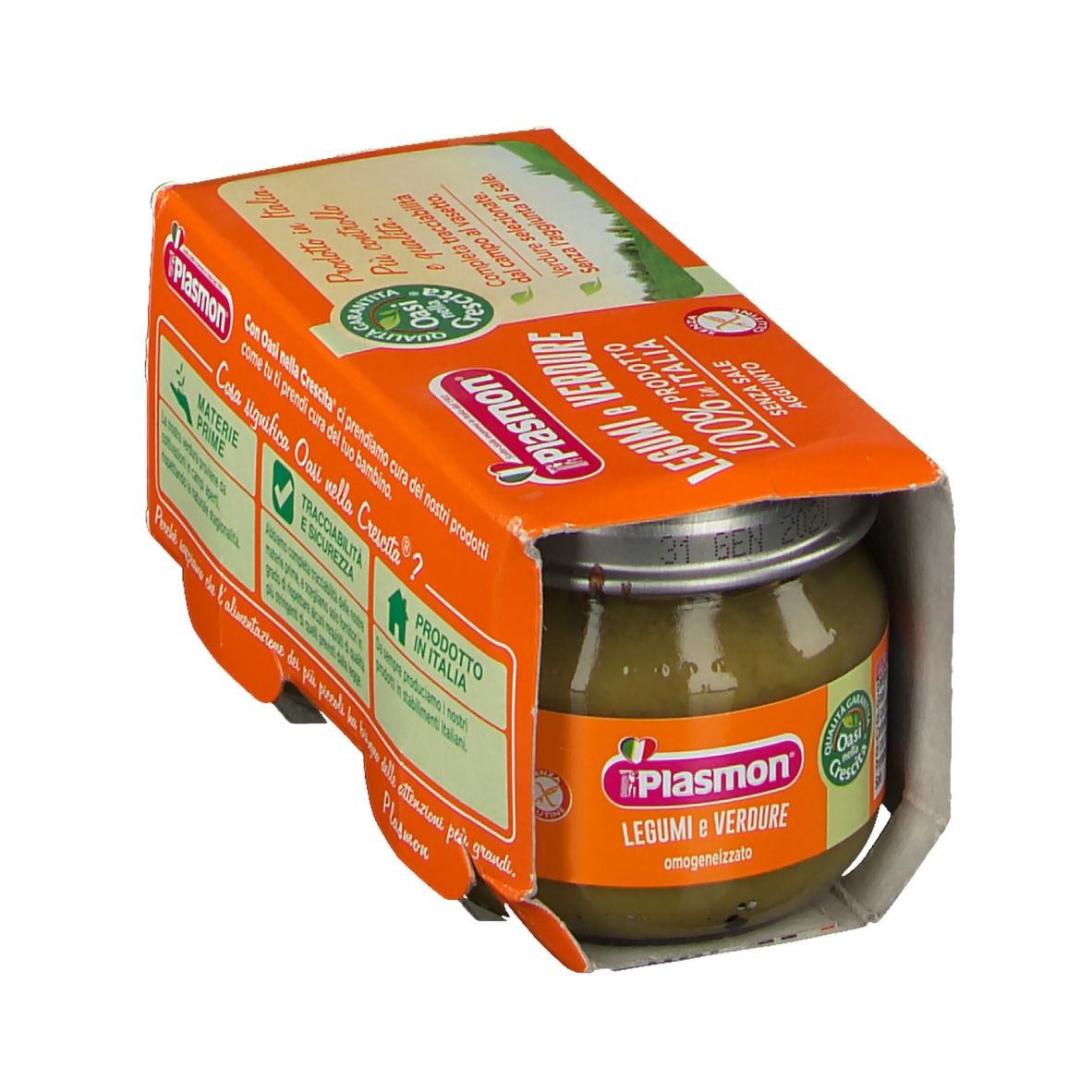 Un vasetto Plasmon Legumi e Verdure in confezione arancione aperta. Informazioni sul prodotto sono visibili.