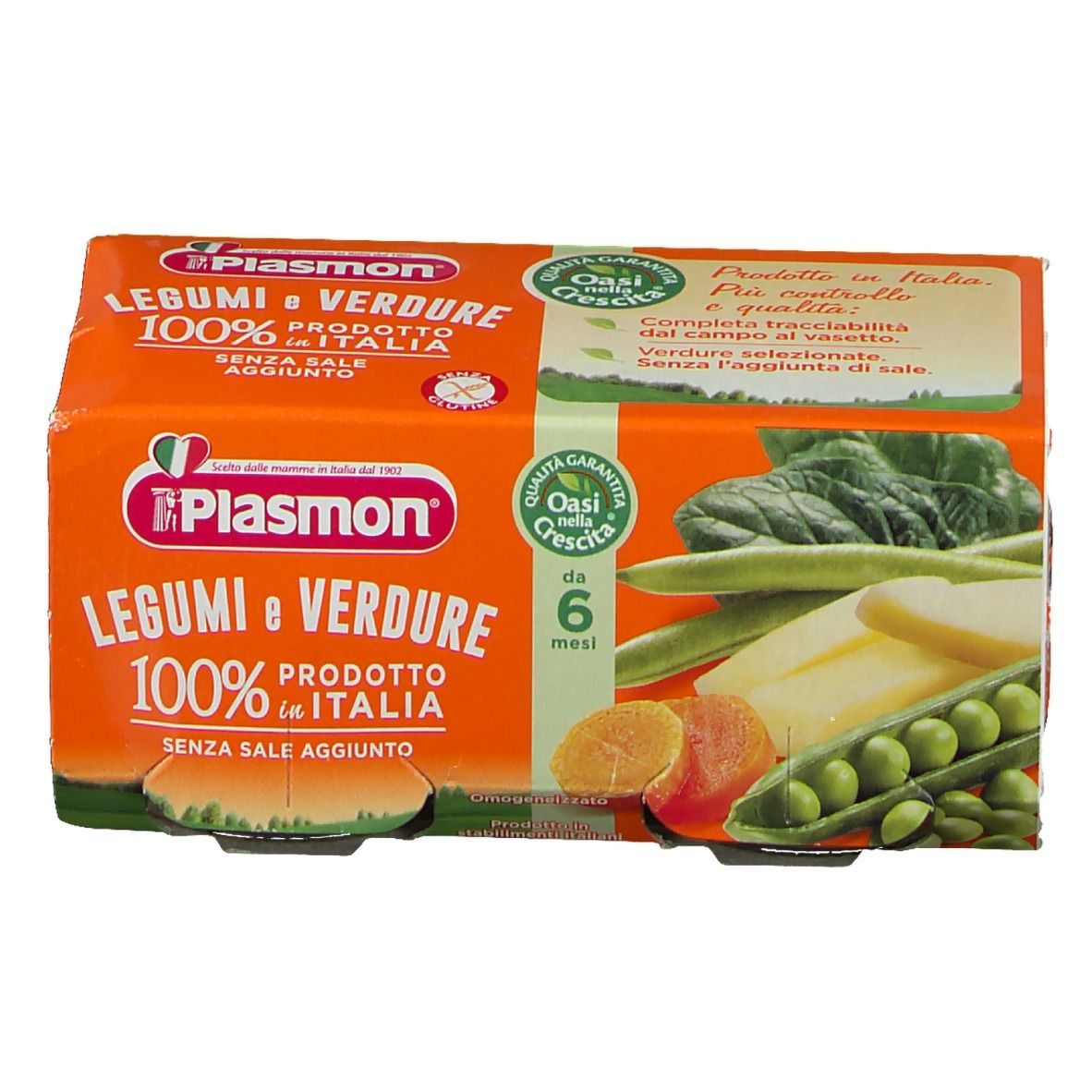 Confezione arancione di due vasetti Plasmon Legumi e Verdure. Immagini di verdure e informazioni sul prodotto.
