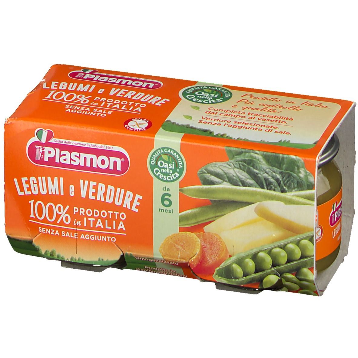 Confezione arancione di due vasetti Plasmon Legumi e Verdure. Immagini di verdure e informazioni sul prodotto.