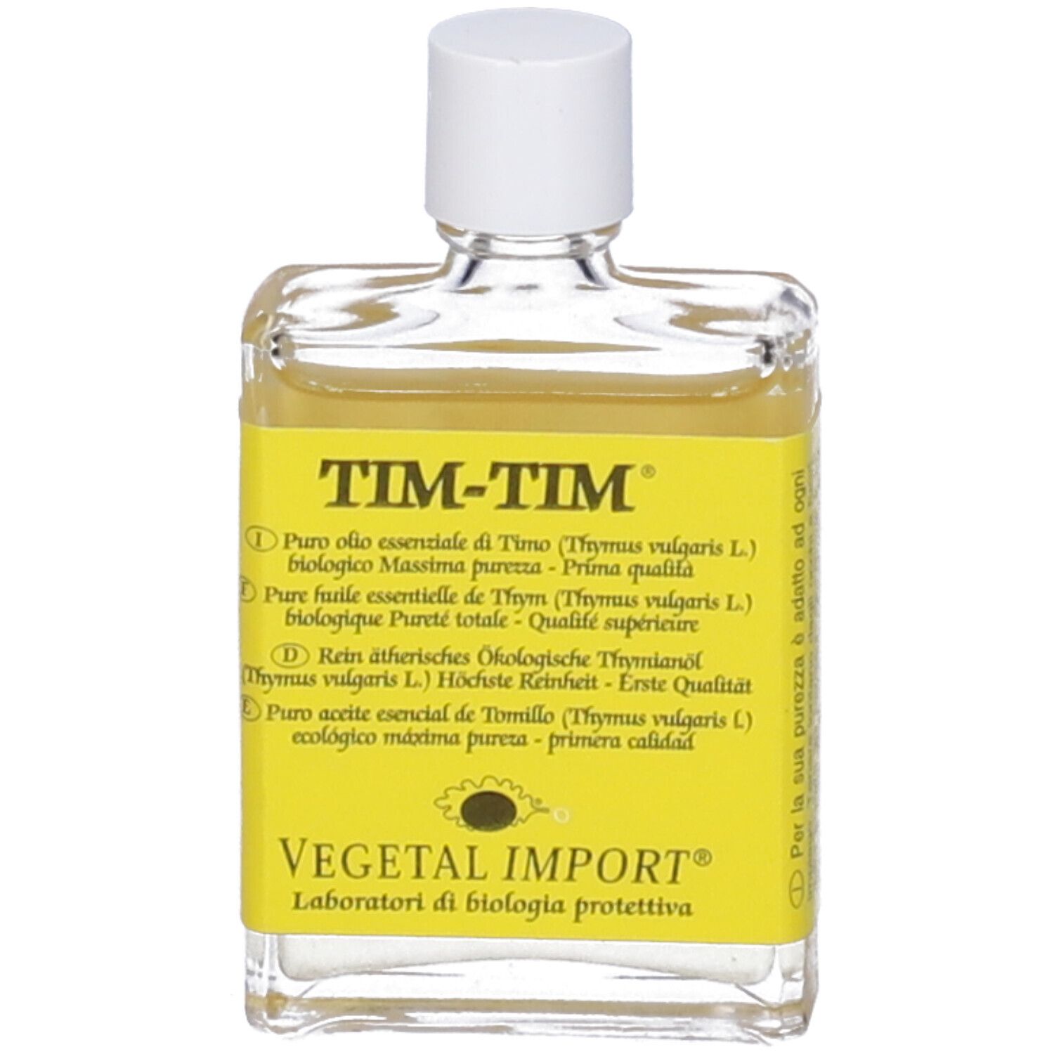 Flacone trasparente con tappo bianco ed etichetta gialla. Scritta TIM-TIM e altri testi.