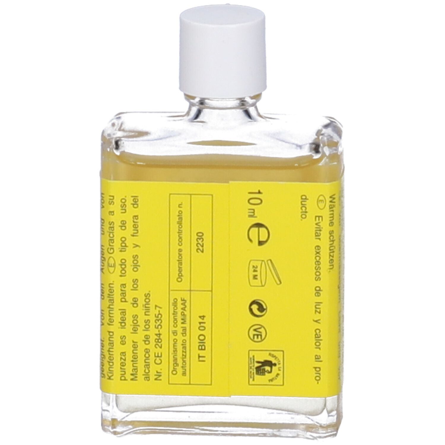 Flacone trasparente con tappo bianco ed etichetta gialla. Scritta 10 ml e altri testi.