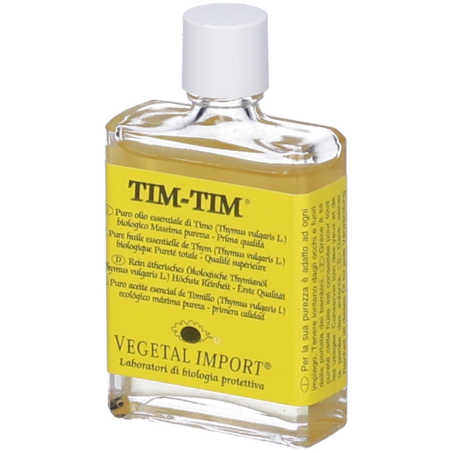 Flacone trasparente con tappo bianco ed etichetta gialla. Scritta TIM-TIM e altri testi.