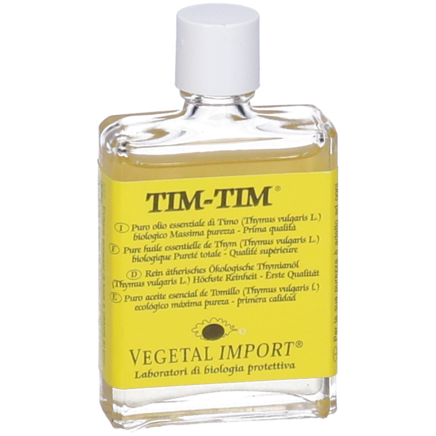 Flacone trasparente con tappo bianco ed etichetta gialla. Scritta TIM-TIM e altri testi.