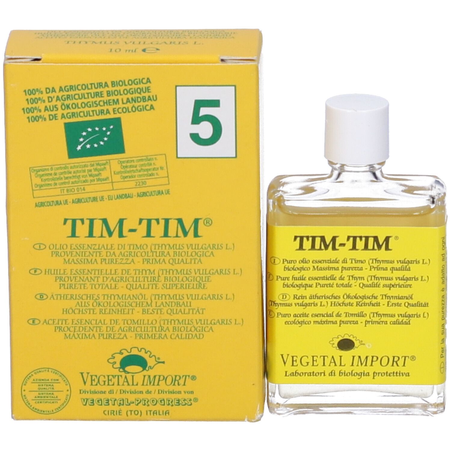 Flacone trasparente con tappo bianco e scatola gialla. Scritta TIM-TIM e altri testi.