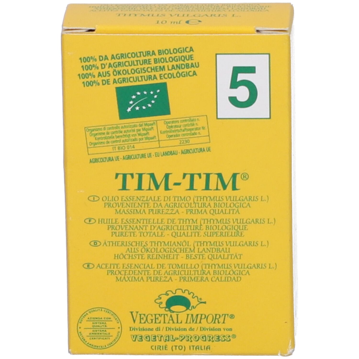 Scatola gialla con scritta TIM-TIM e numero 5. Scritta in lingua italiana.