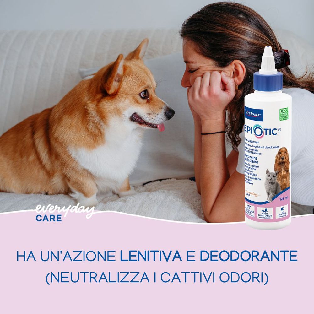 Persona e cane. Nome del prodotto EpiOtic® sul flacone. Testo: Ha un'azione lenitiva e deodorante (neutralizza i cattivi odori).