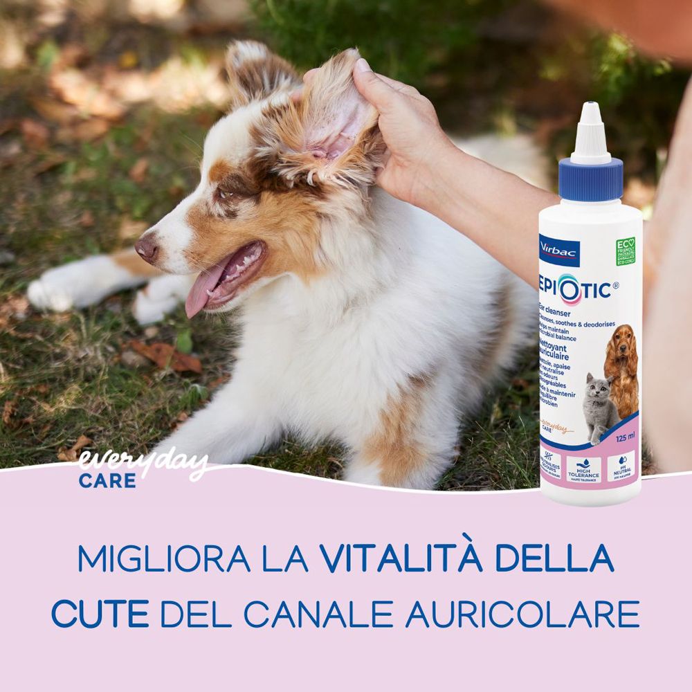 Persona e cane. Nome del prodotto EpiOtic® sul flacone. Testo: Migliora la vitalità della cute del canale auricolare.