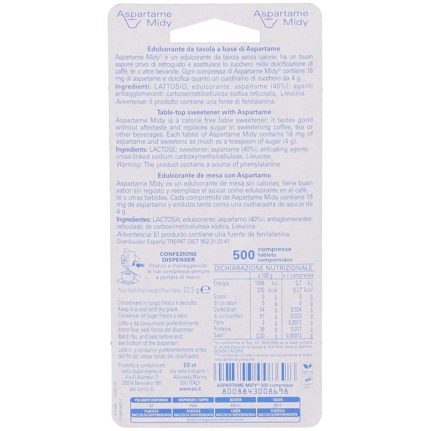Retro della confezione di compresse Aspartame Midy 500. Contiene informazioni sugli ingredienti, il valore nutrizionale e le istruzioni per l'uso.
