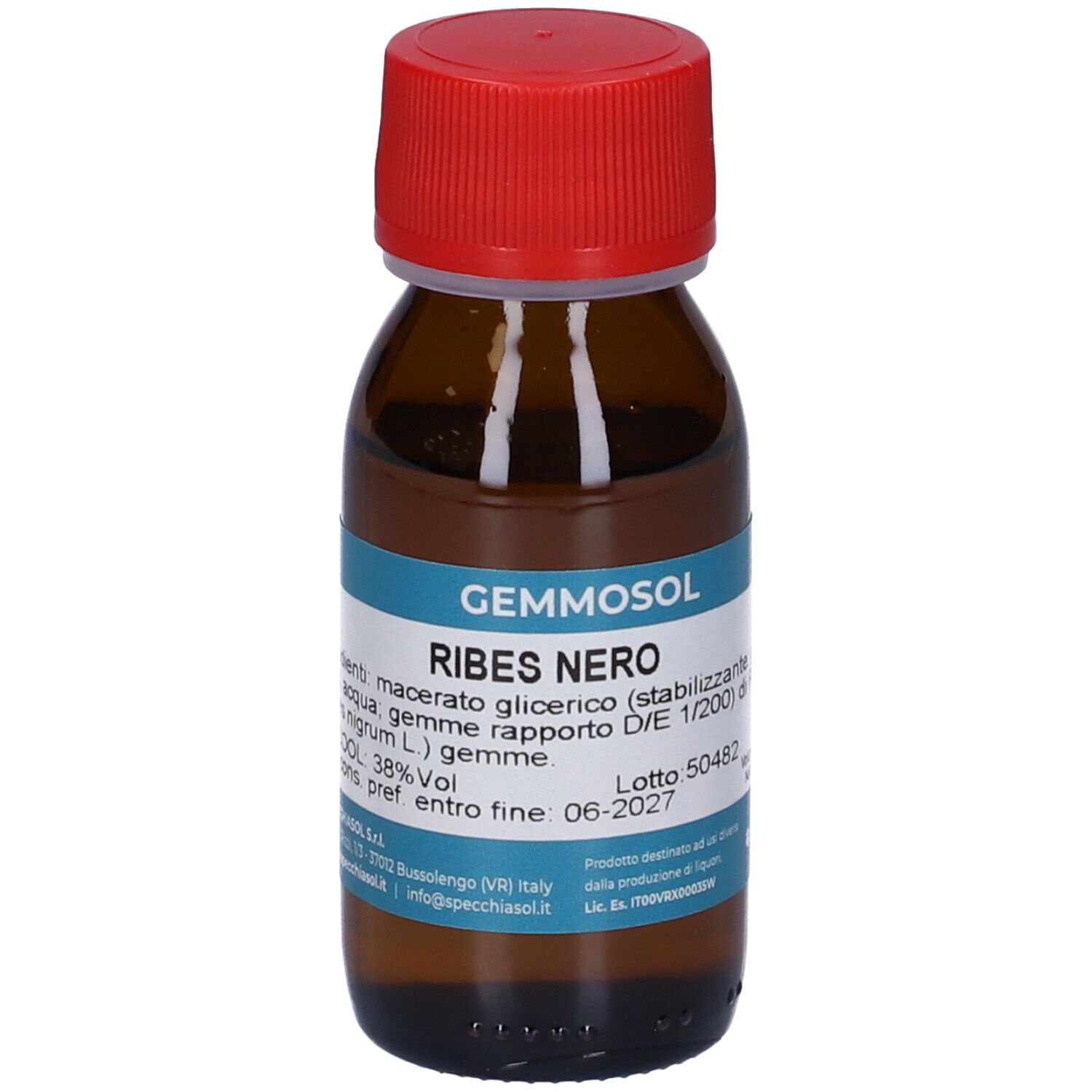 Bottiglia di vetro marrone con tappo rosso. L'etichetta indica Gemmosol Ribes Nero. Ulteriori informazioni sull'etichetta.