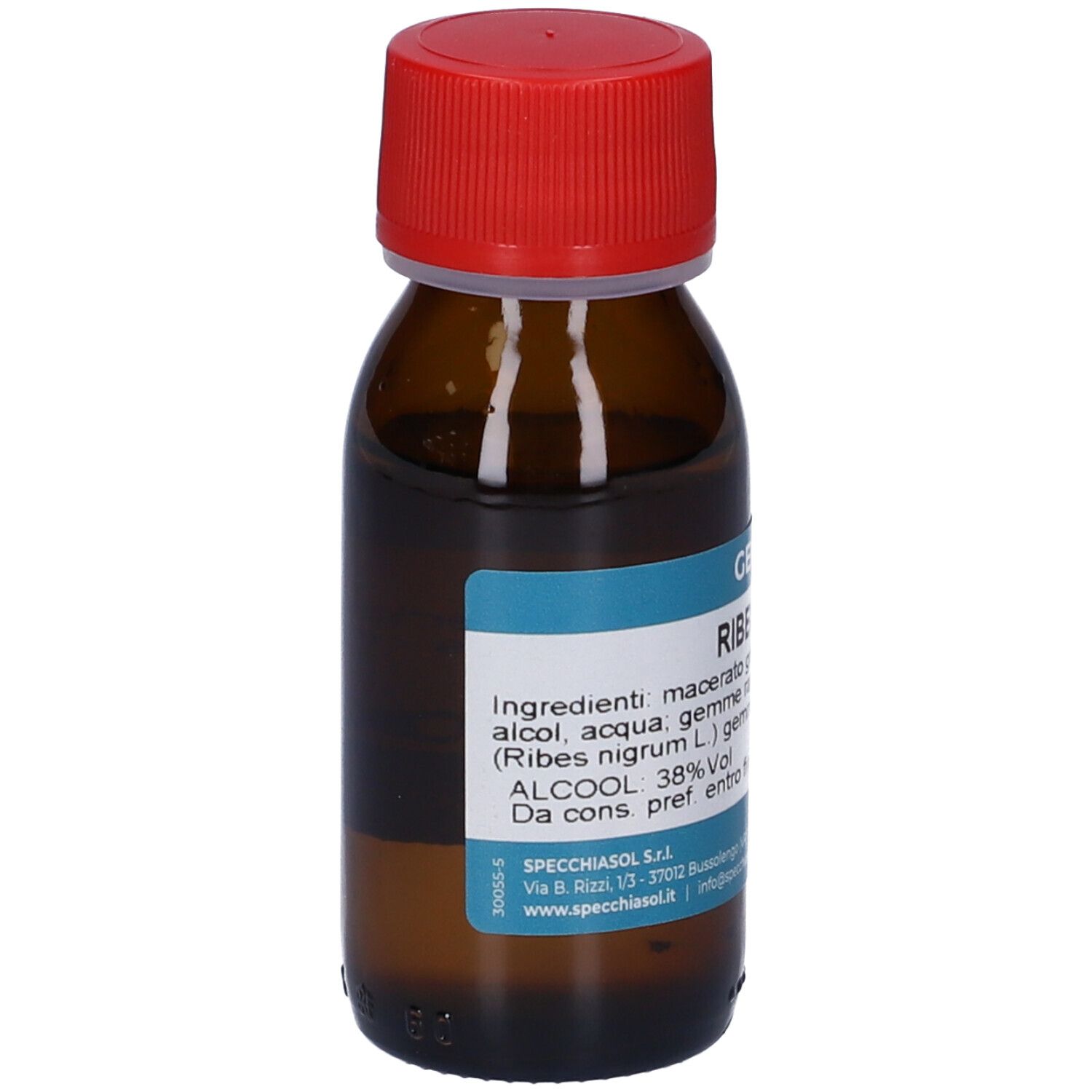 Bottiglia di vetro marrone con tappo rosso. L'etichetta indica Gemmosol Ribes Nero. Ulteriori informazioni sull'etichetta.