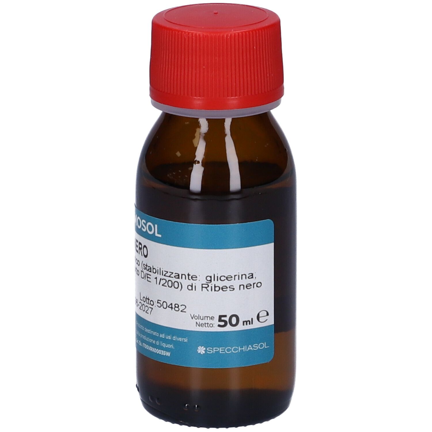 Bottiglia di vetro marrone con tappo rosso. L'etichetta indica Gemmosol Ribes Nero. L'etichetta indica 50 ml.