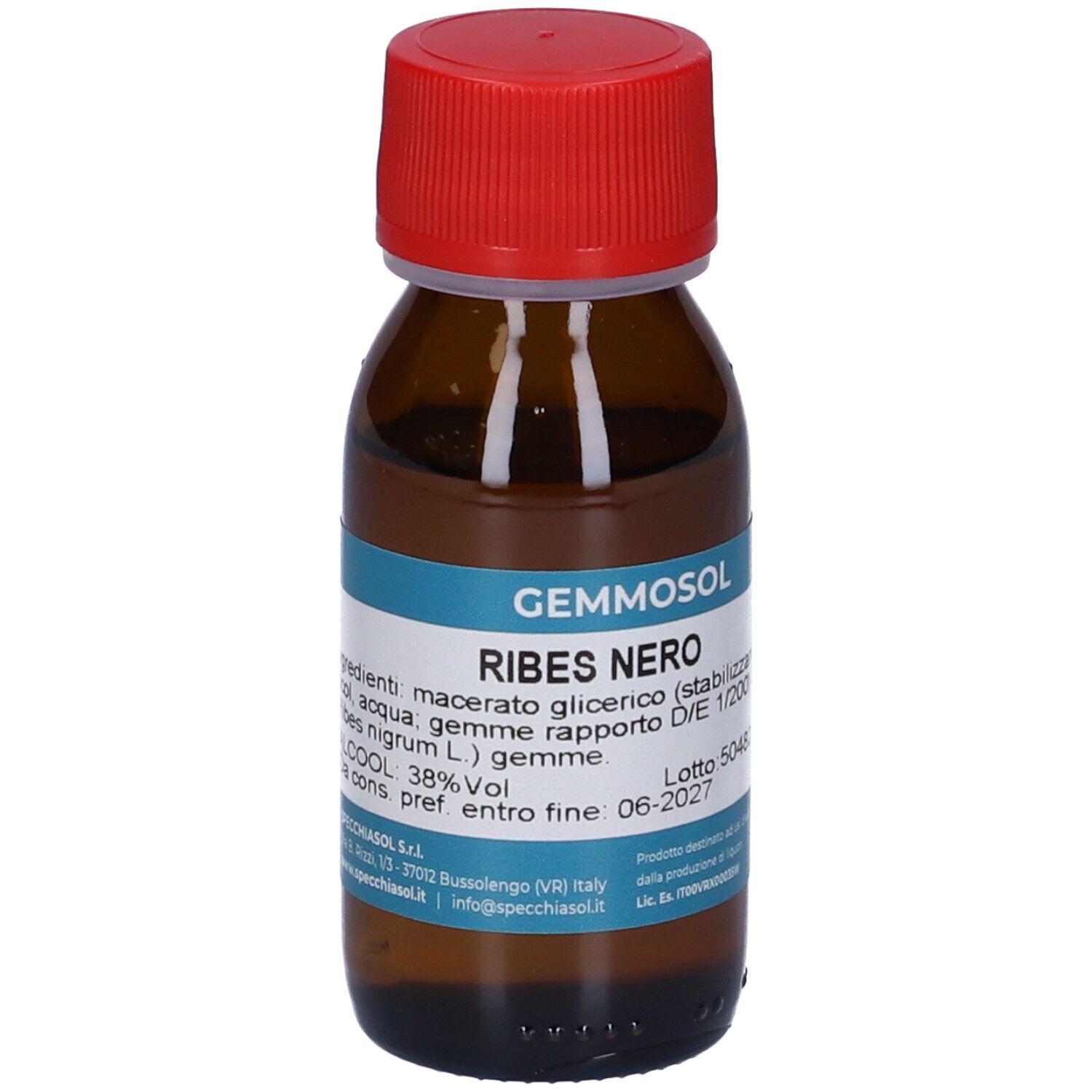 Bottiglia di vetro marrone con tappo rosso. L'etichetta indica Gemmosol Ribes Nero. Ulteriori informazioni sull'etichetta.