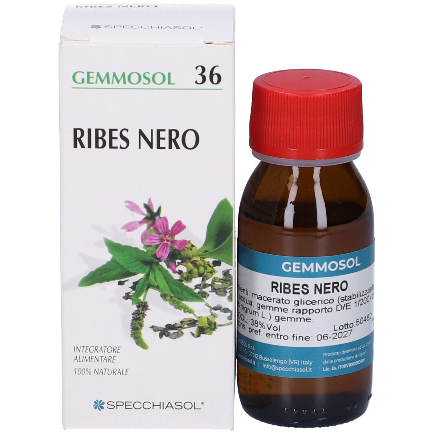 Bottiglia di vetro marrone con tappo rosso e scatola. Sulla scatola Gemmosol 36 Ribes Nero. Sulla bottiglia Gemmosol Ribes Nero.