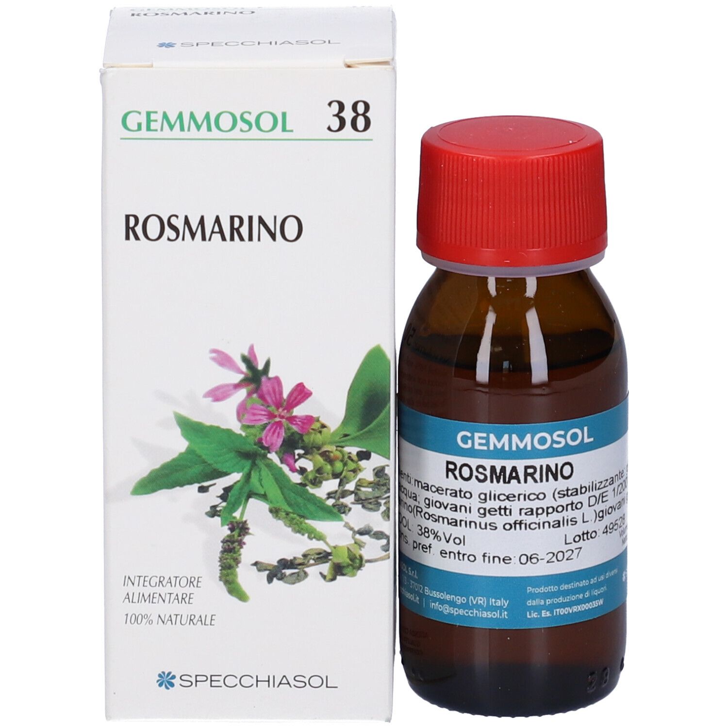 Bottiglia e scatola Gemmosol Rosmarino. Sulla scatola c'è scritto Gemmosol 38 Rosmarino. La bottiglia ha un tappo rosso.