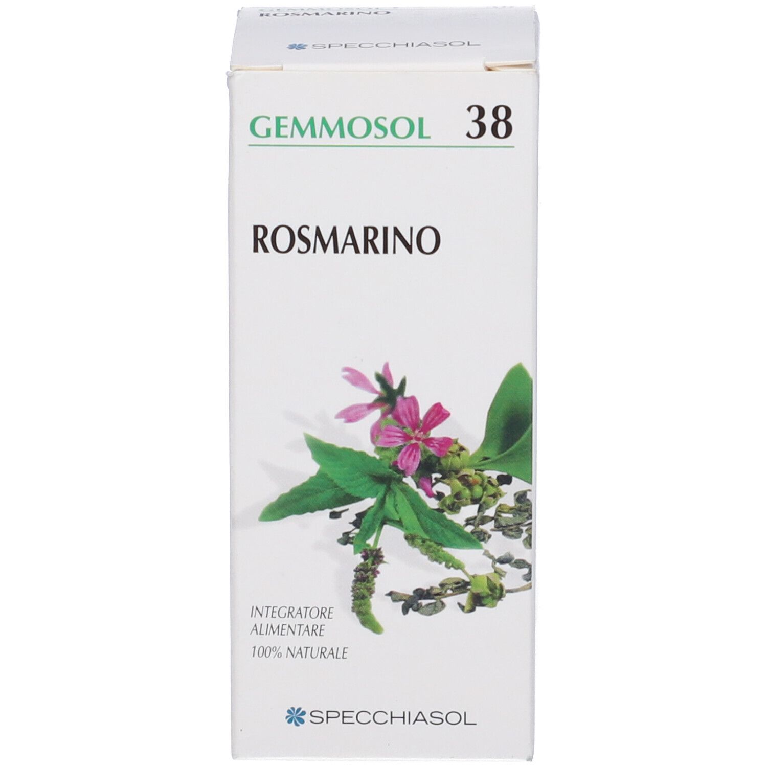 Scatola con Gemmosol 38 Rosmarino. Sulla scatola c'è scritto Gemmosol 38 Rosmarino. C'è un logo sulla scatola.