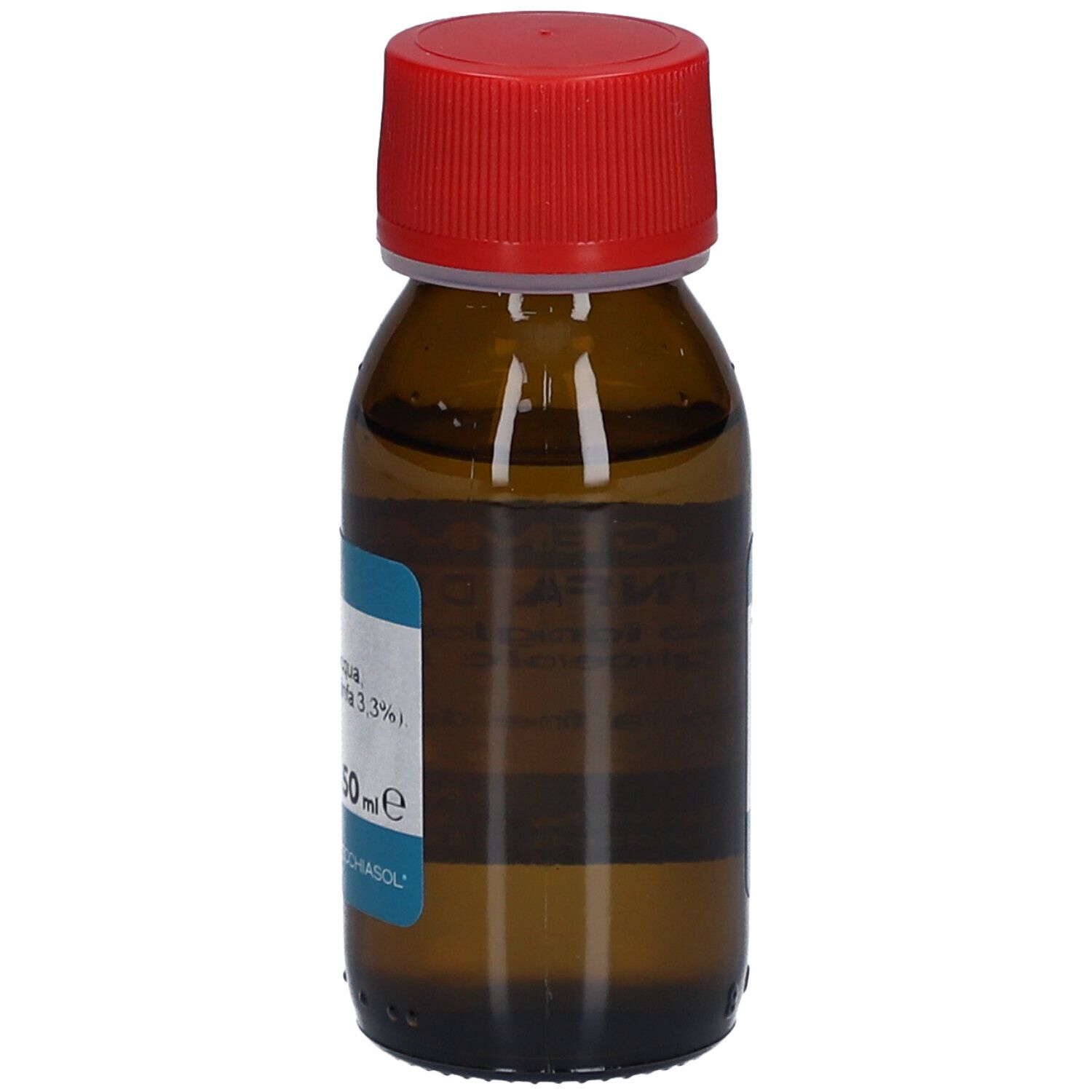 Flacone di vetro marrone con tappo rosso. Etichetta con informazioni sul prodotto. Scritta: Gemmosol, Linfa di Betulla.