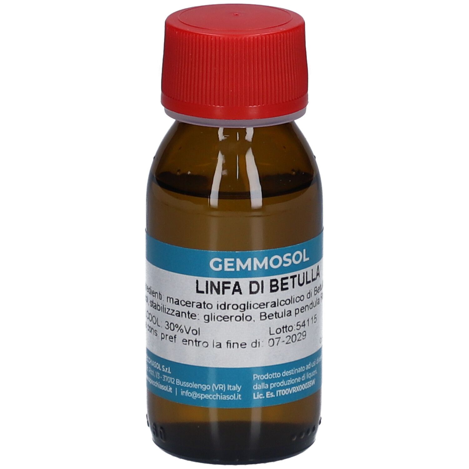 Flacone di vetro marrone con tappo rosso. Etichetta con informazioni sul prodotto. Scritta: Gemmosol, Linfa di Betulla, 50 ml.