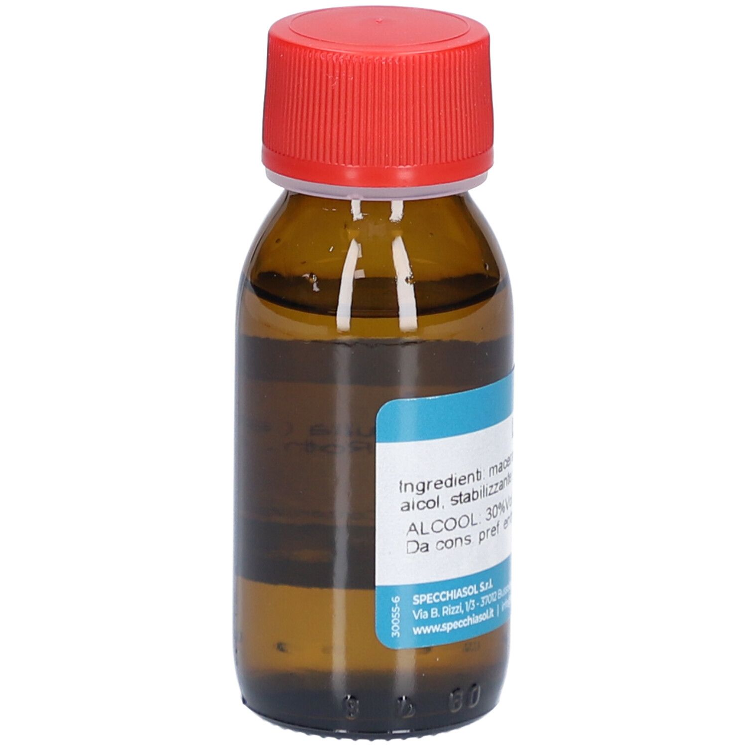 Flacone di vetro marrone con tappo rosso. Etichetta con informazioni sul prodotto. Scritta: Gemmosol, Linfa di Betulla, 50 ml.