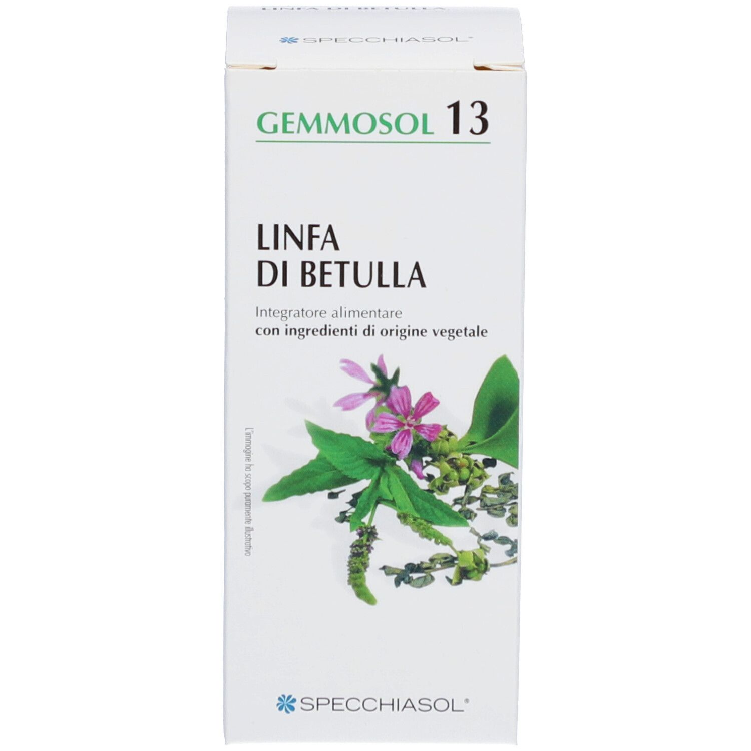 Scatola bianca con illustrazione del prodotto. Scritta: Gemmosol, Linfa di Betulla. Con illustrazione di piante.