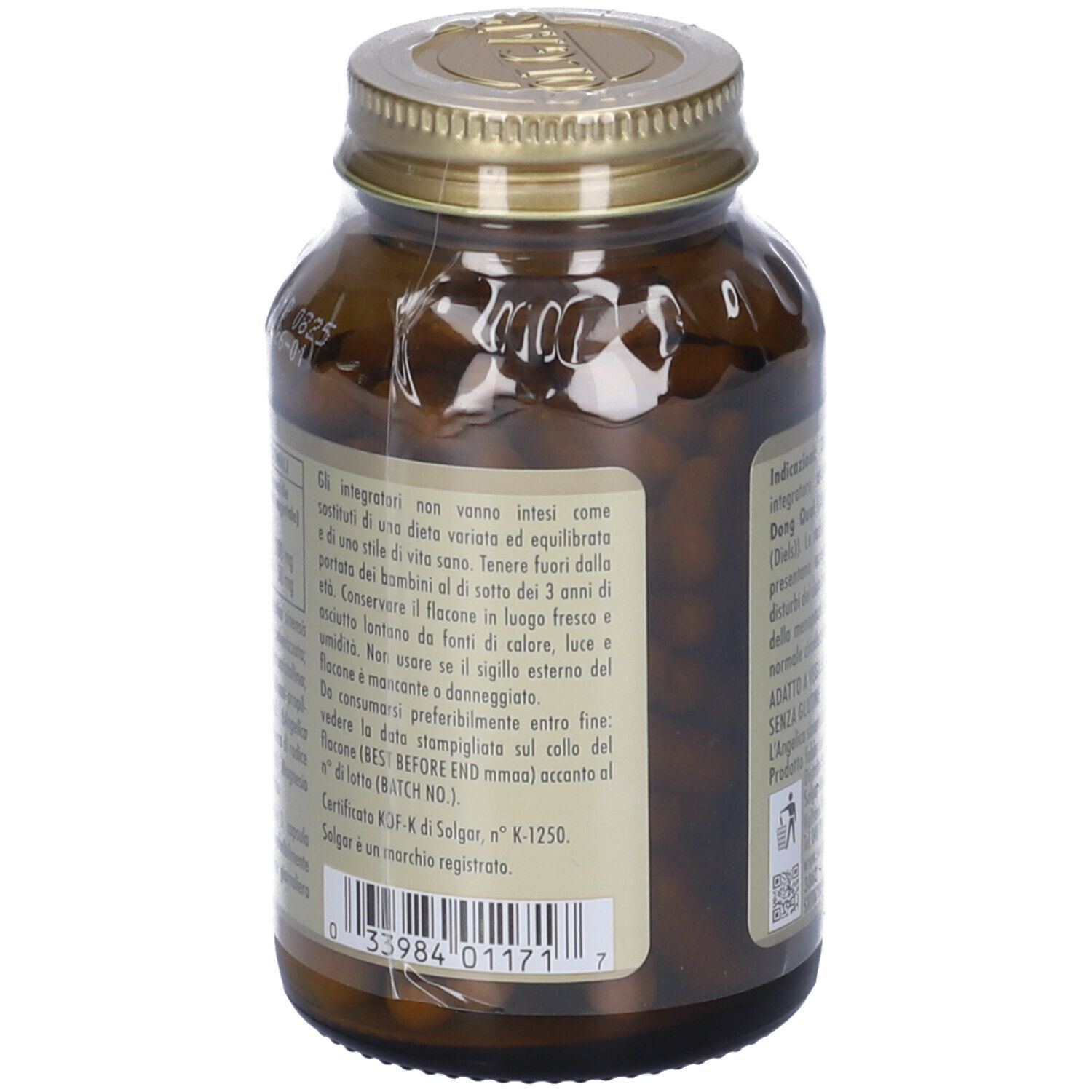 Retro di un flacone di vetro marrone con tappo dorato. Etichetta con informazioni sul prodotto, tra cui 'ADATTO A VEGANI'.