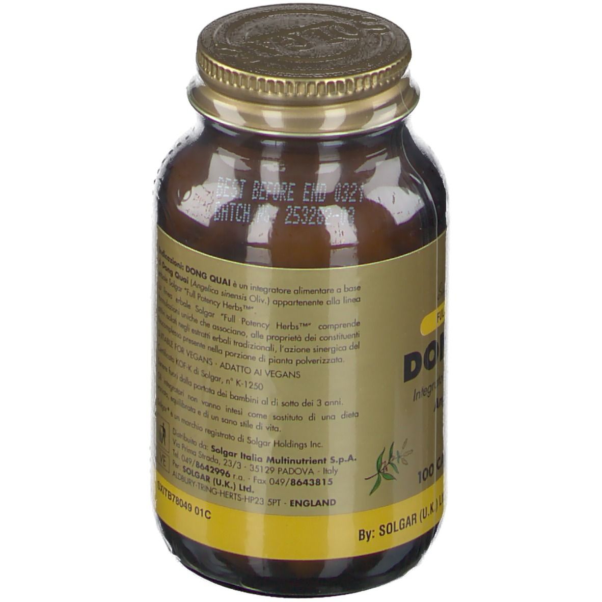 Retro di un flacone di vetro marrone con tappo dorato. Etichetta con informazioni nutrizionali e ingredienti.