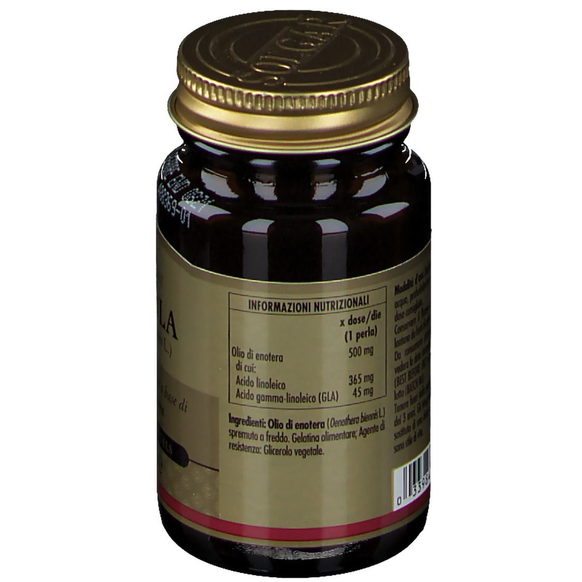 Retro del flacone in vetro marrone. Scritta: Informazioni nutrizionali, ingredienti. Etichetta con informazioni in italiano.