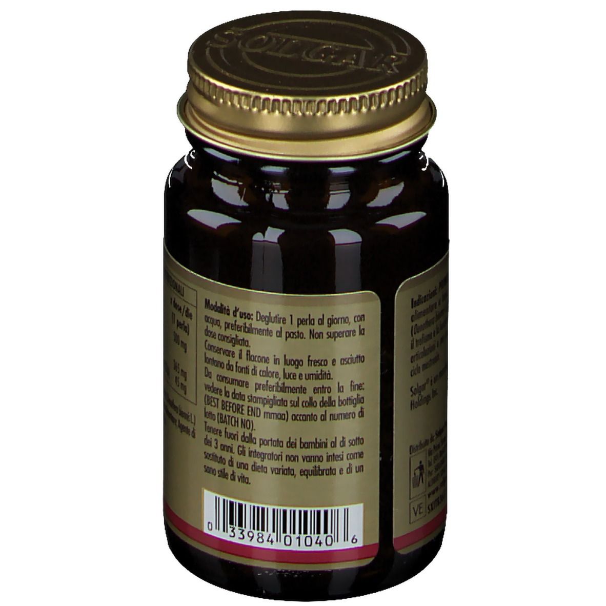 Retro del flacone in vetro marrone. Scritta: Modo d'uso, avvertenze. Etichetta con informazioni in italiano.