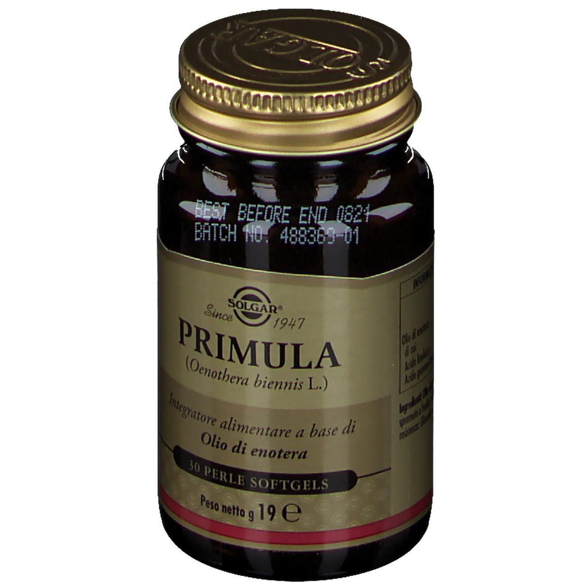 Flacone in vetro marrone, tappo dorato. Scritta: SOLGAR Primula, 30 softgels. Da consumarsi preferibilmente entro 08/2024.