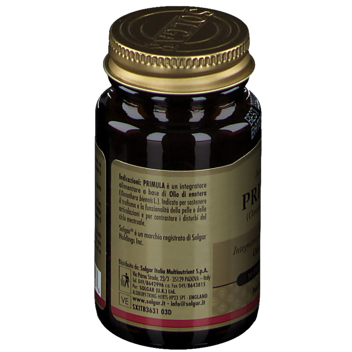 Retro del flacone in vetro marrone. Scritta: Indicazioni, informazioni produttore. Etichetta con informazioni in italiano.