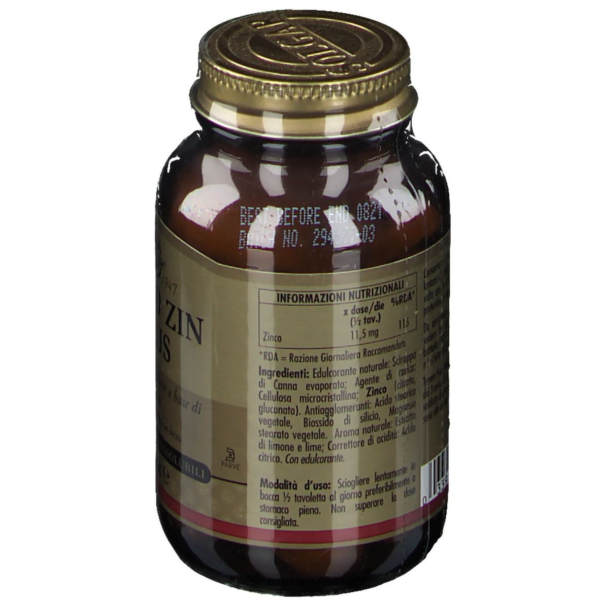 Retro del flacone di vetro marrone. Etichetta con informazioni nutrizionali e ingredienti.