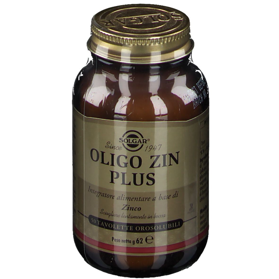 Flacone di vetro marrone con tappo dorato. Etichetta SOLGAR® Oligo Zin Plus, 50 compresse.