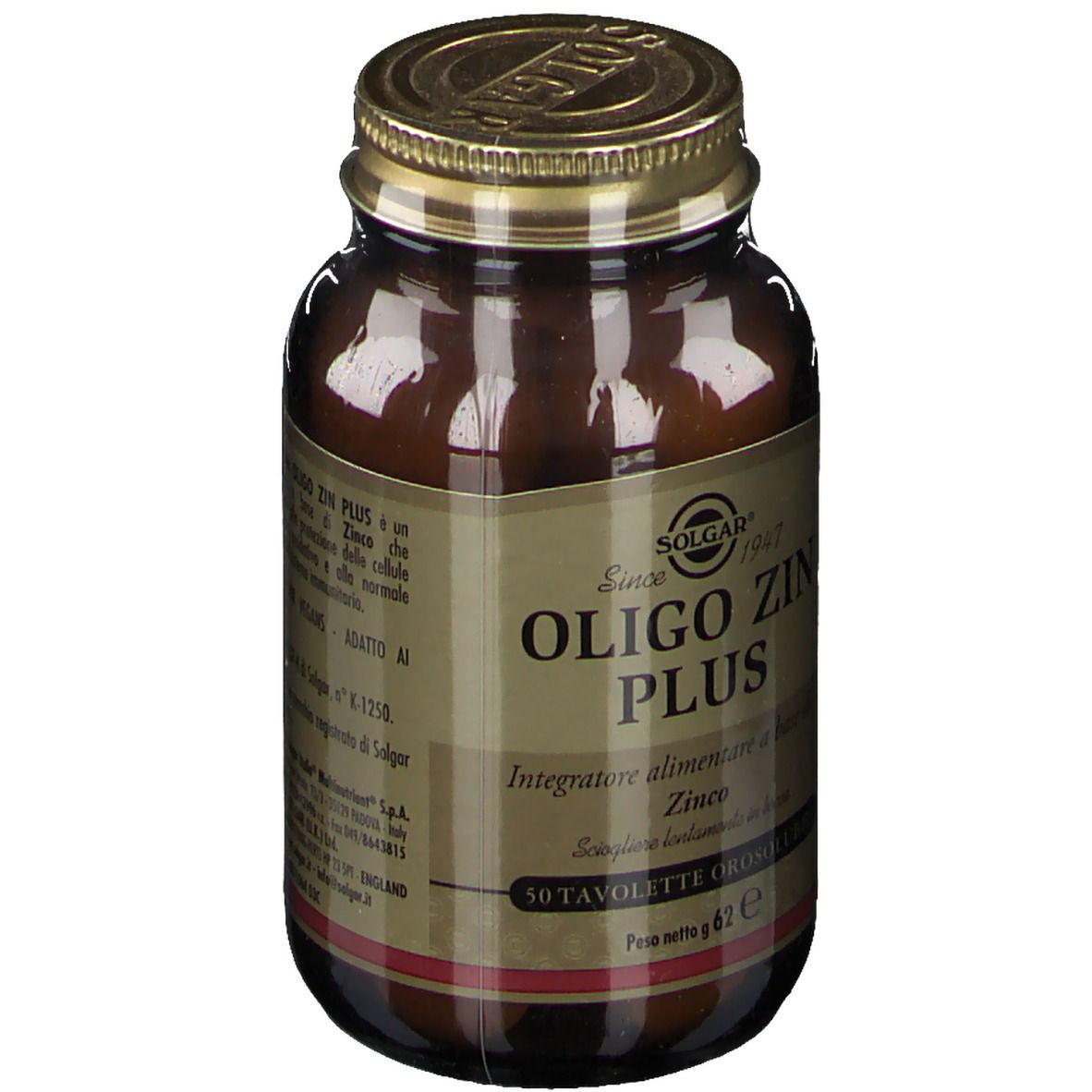 Flacone di vetro marrone con tappo dorato. Etichetta SOLGAR® Oligo Zin Plus, 50 compresse.