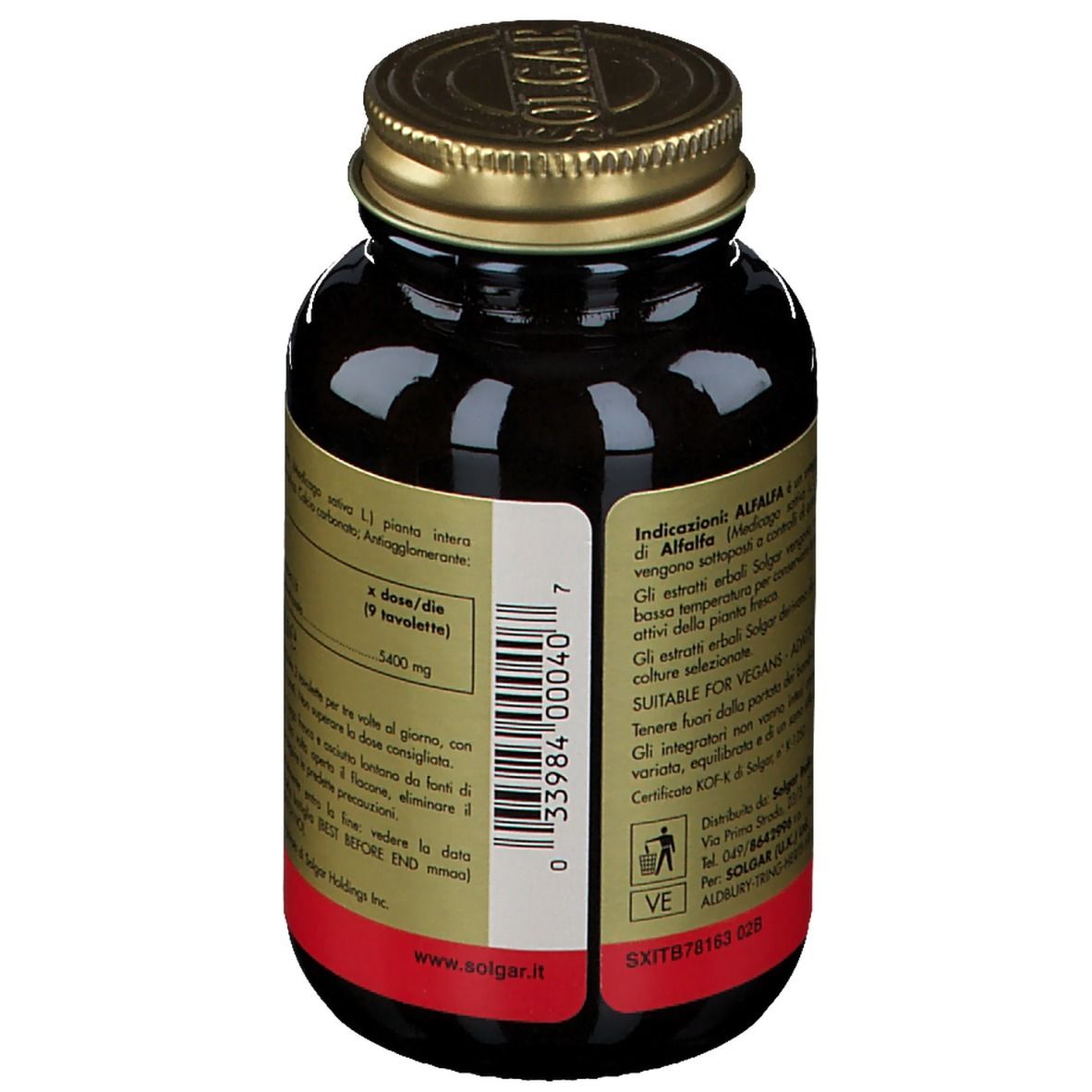 Flacone di vetro marrone con tappo dorato. Etichetta con testo in italiano. Scritta: SOLGAR.