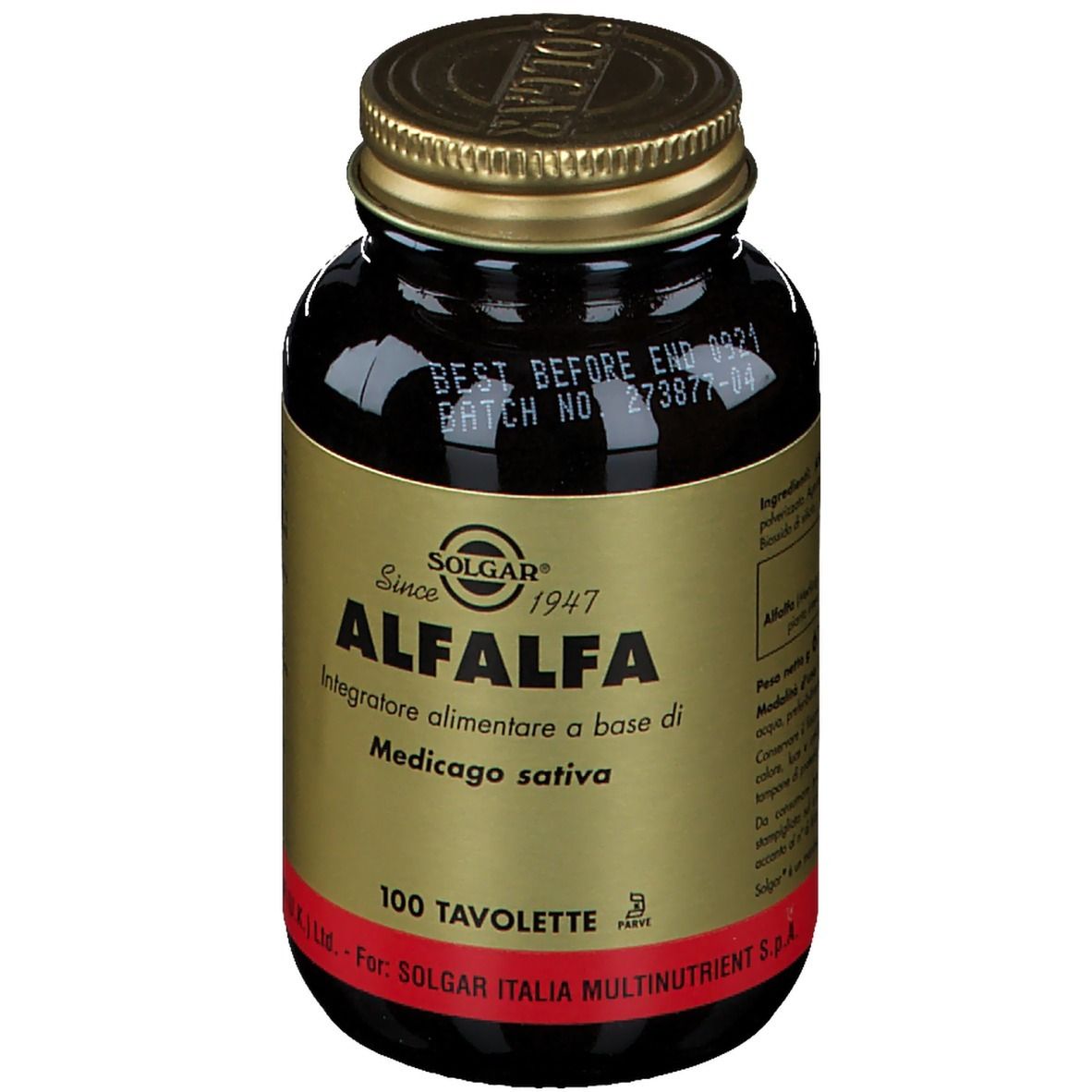 Flacone di vetro marrone con tappo dorato. Etichetta con testo in italiano. Scritta: SOLGAR, Alfalfa, 100 compresse.