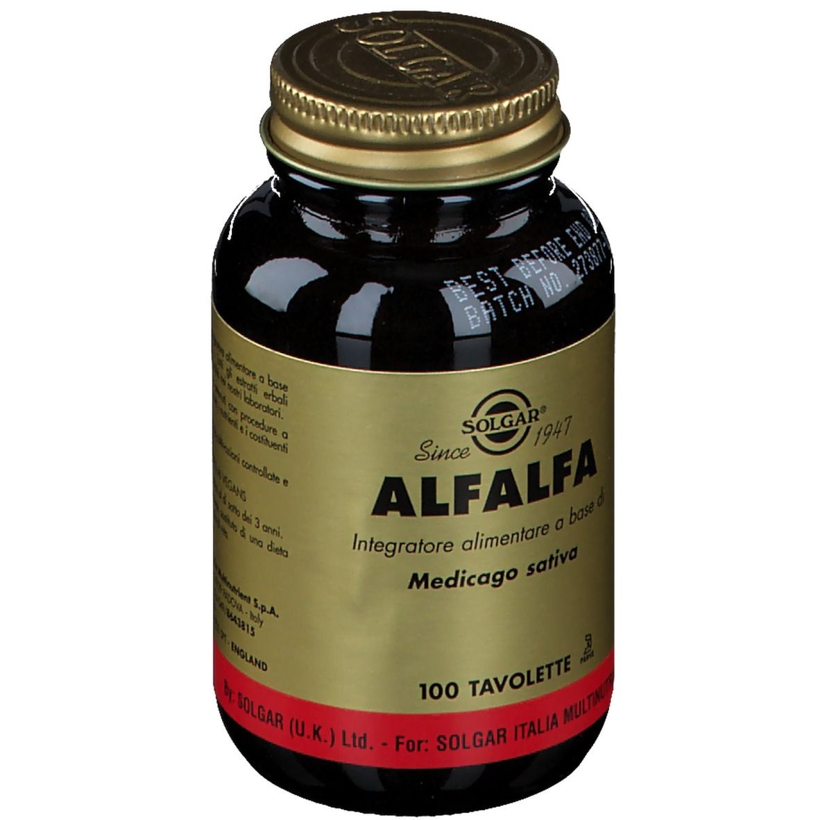 Flacone di vetro marrone con tappo dorato. Etichetta con testo in italiano. Scritta: SOLGAR, Alfalfa, 100 compresse.