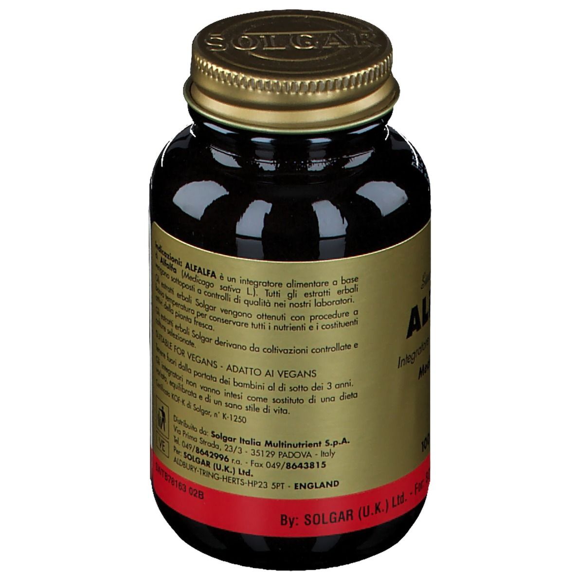 Flacone di vetro marrone con tappo dorato. Etichetta con testo in italiano. Scritta: SOLGAR, Alfalfa, 100 compresse.