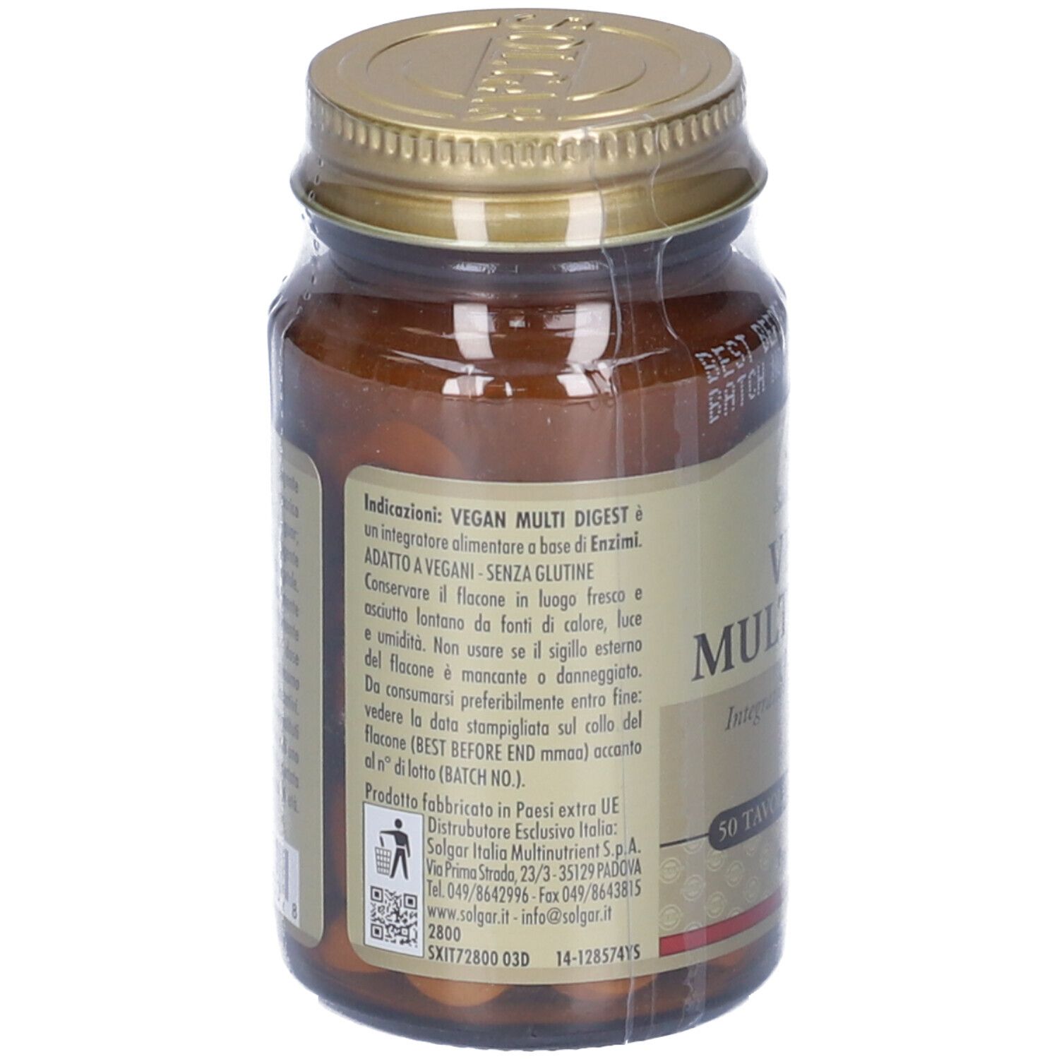 Retro di un flacone di vetro marrone con tappo dorato. Informazioni testuali e codice QR. Marchio: Solgar.