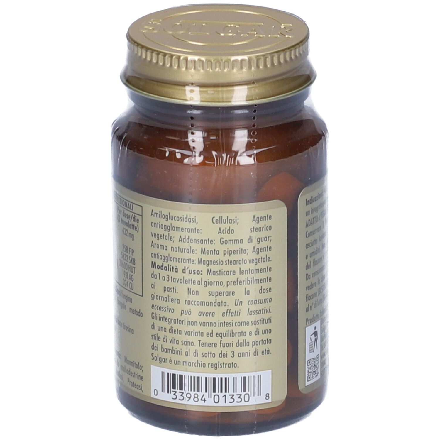 Retro di un flacone di vetro marrone con tappo dorato. Informazioni testuali. Marchio: Solgar.