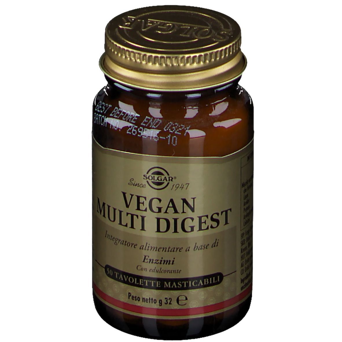 Flacone di vetro marrone con tappo dorato, avvolto in pellicola. Scritta: Vegan Multi Digest, 50 compresse. Marchio: Solgar.