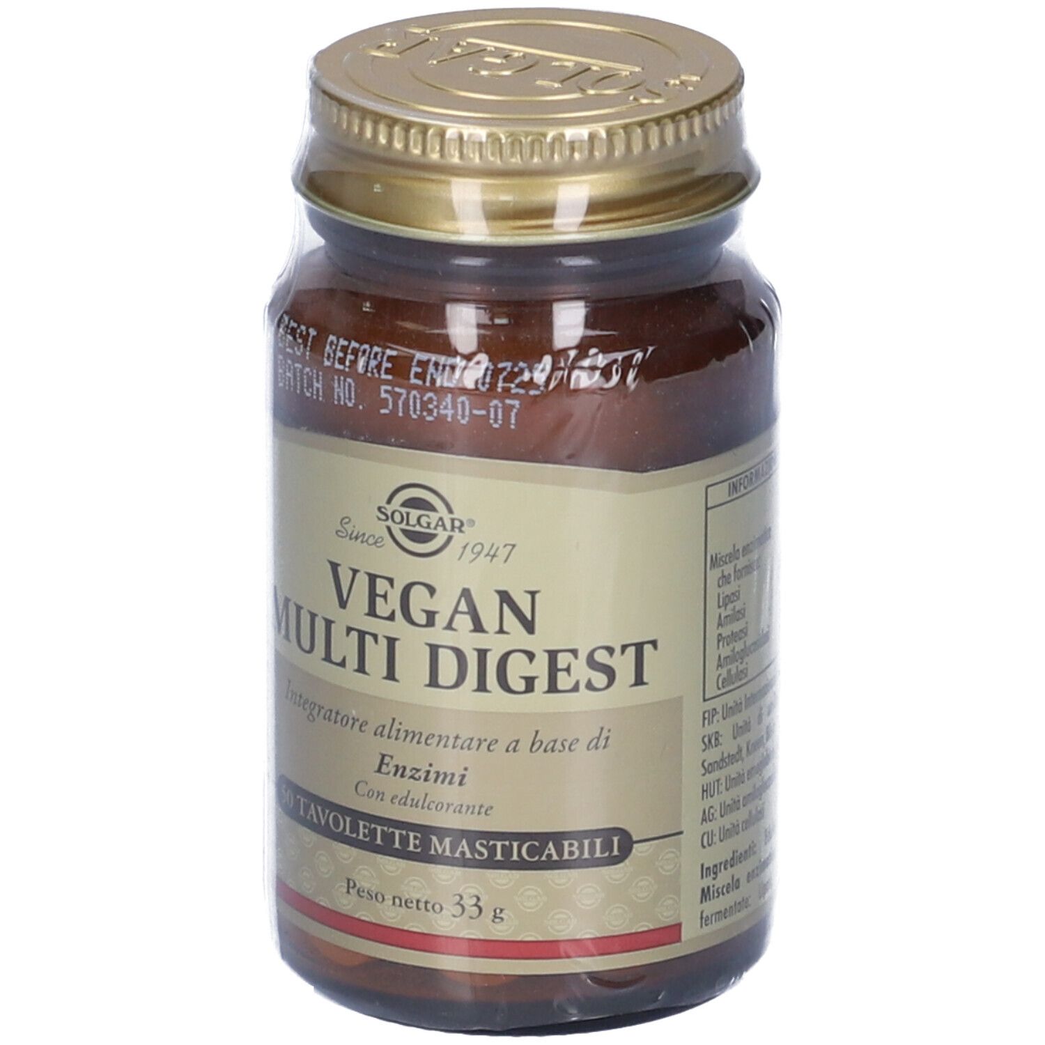 Flacone di vetro marrone con tappo dorato, avvolto in pellicola. Scritta: Vegan Multi Digest, 50 compresse. Marchio: Solgar.
