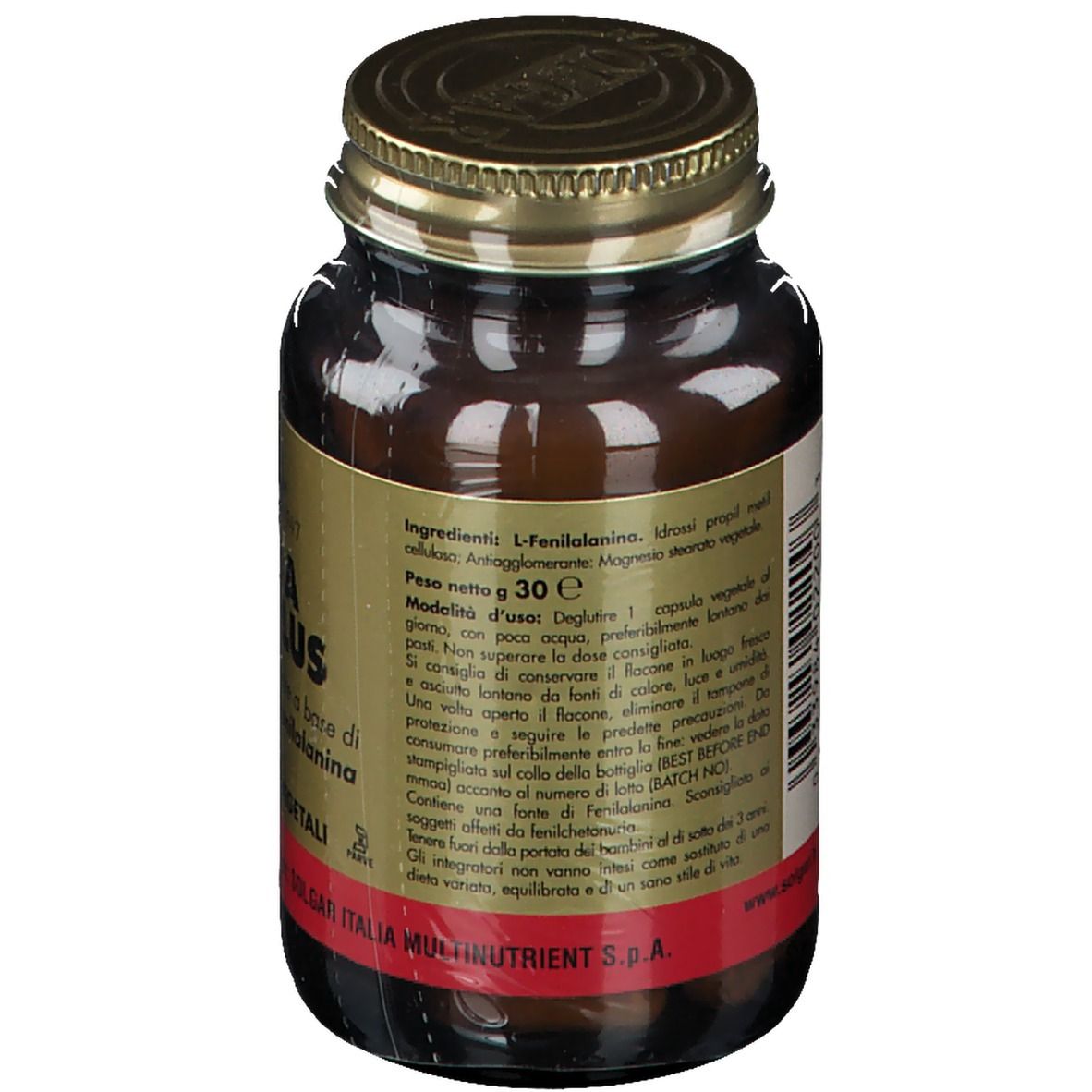 Retro del flacone di vetro marrone. Testo con ingredienti, peso netto 30 g e istruzioni per l'uso. Etichetta rossa.